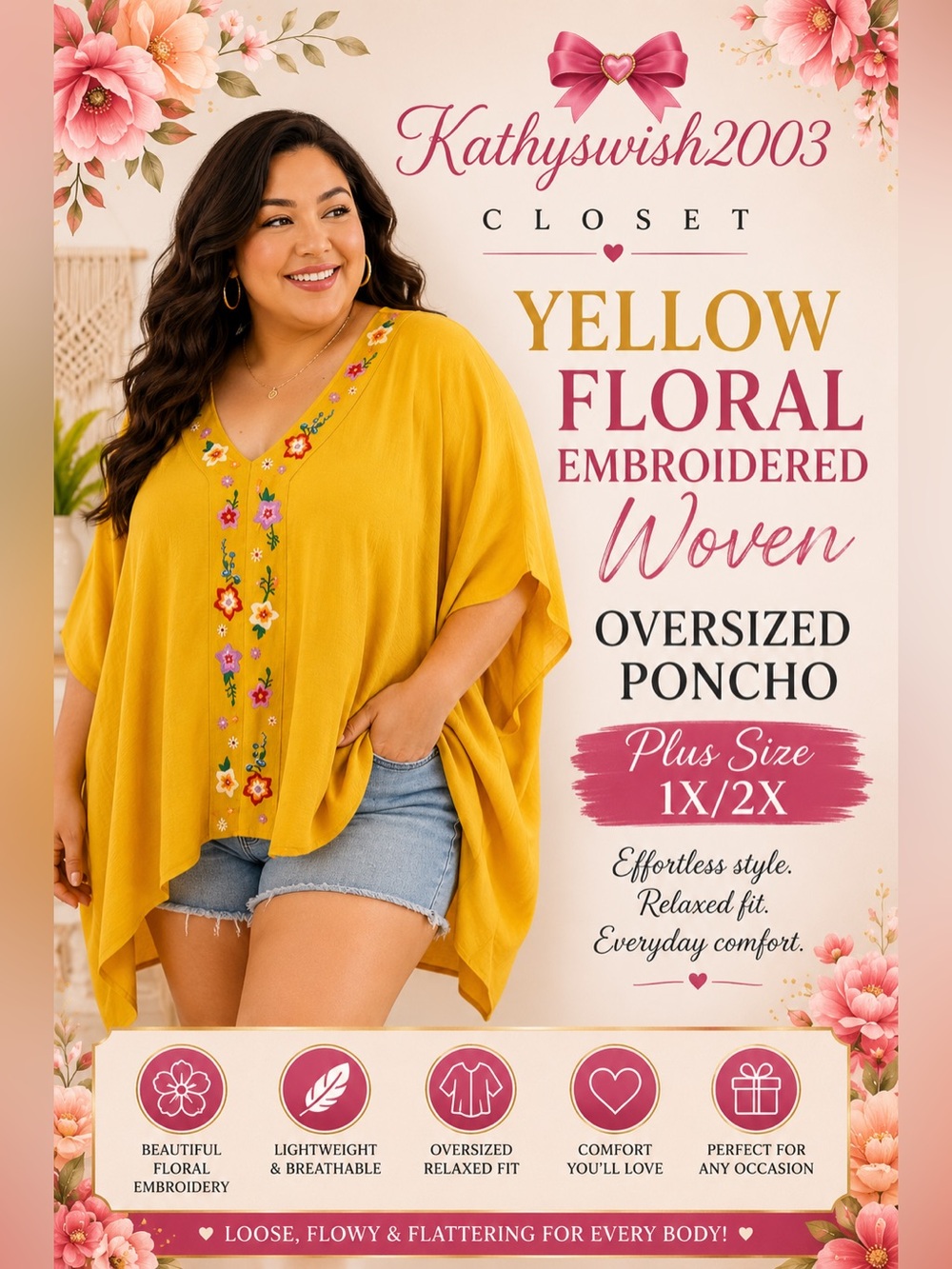 Yellow Floral Embroidered Woven Oversized Poncho
Pop Over Yellow Plus Size 1X2X